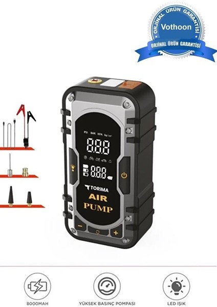8000 Mah Taşnabilir Dijital Ekranlı Araç Akü Takviyeli,powerbank,ışıklı Oto Hava Kompresör