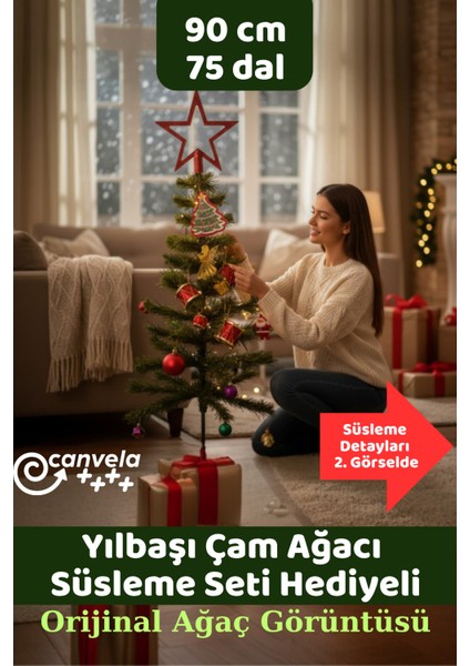 Yeşil 90 cm Yılbaşı Çam Ağacı, Sallanmaz, Plastik Ayaklı, Süsleme Seti ve Işık Hediyesi