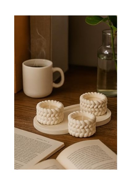 Örgü Desenli 3’lü El Yapımı Mumluk Seti – Tealight Uyumlu Modern & Doğal Dekoratif Aksesuar + Tealight Mum Hediyeli