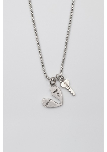 Kalp ve Anahtar 'Love' Yazılı Kolye - Örme İthal Zincirli Unisex Gümüş Kaplama - 60 cm