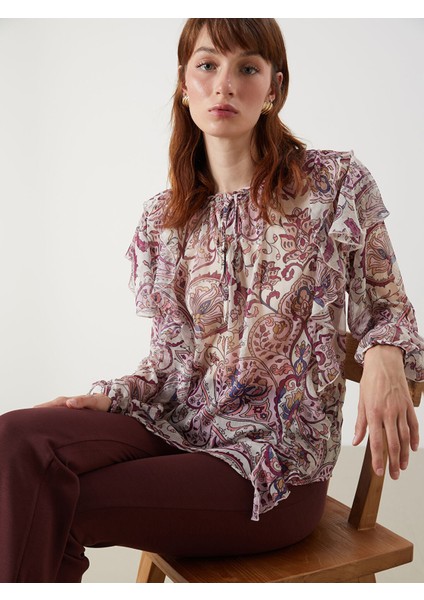 Yeni Sezon Bağlamalı Yaka Desenli Bluz