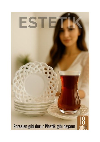 Porselen Görünümlü Plastik Çay Tabağı – 18'lı Set Hafif Şık ve Kırılmaz Tasarım