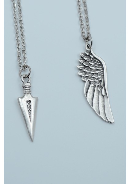 2'li Ok Ucu Triagle Kartal Melek Kanat Gümüş Kaplama Kolye Seti
