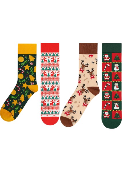 Renkli 4’lü Çorap Seti Yılbaşı Geyiği ve Noel Desenli