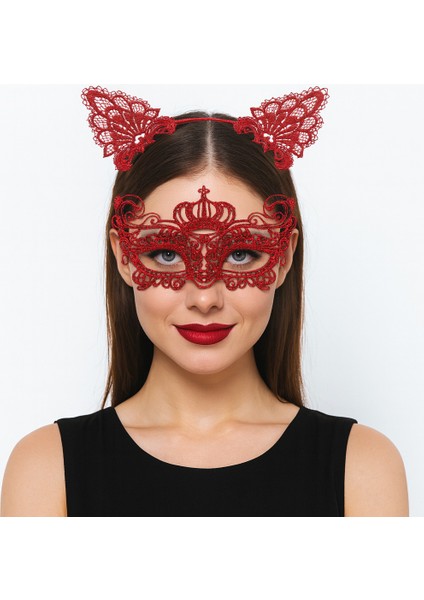 Lüks Kırmızı Dantel Taçlı Maske Seti 2 No - Parti, Balo, Kostüm Aksesuarı (5224)