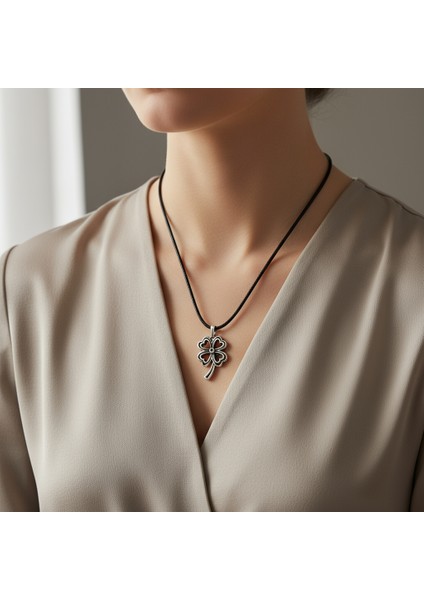 Şanslı Dört Yapraklı Yonca Gümüş Kaplama Deri İp Kolye