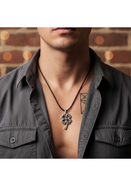 Şanslı Dört Yapraklı Yonca Gümüş Kaplama Deri İp Kolye fiyatları