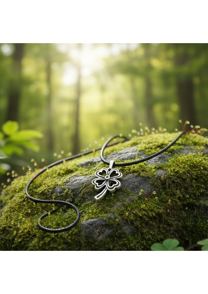 Şanslı Dört Yapraklı Yonca Gümüş Kaplama Deri İp Kolye modelleri