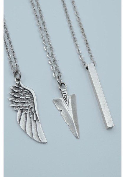 3'lü Çubuk Prizma Ok Ucu Triagle Kanat Gümüş Kaplama Kolye Seti