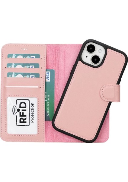 Apple iPhone 15 Uyumlu Deri Cüzdanlı Kılıf Mwwn Nu2 Pembe