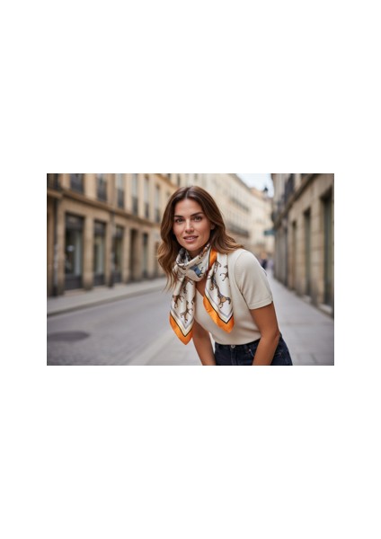 At Desenli Turuncu Renkli Fular 70 x 70 modelleri