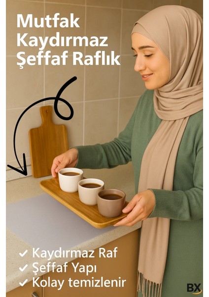 Mutfak Dolabı Çekmece Kaydırmaz Raf Örtüsü Şeffaf, Suya Dayanıklı, Kesilebilir Pvc 45X300 cm