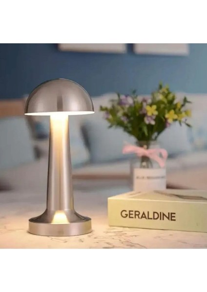 Silver Şarjlı Mantarlı Masa Lambası - 3 Kademe Dokunmatik LED Işıklı, Dekoratif Gece Lambası