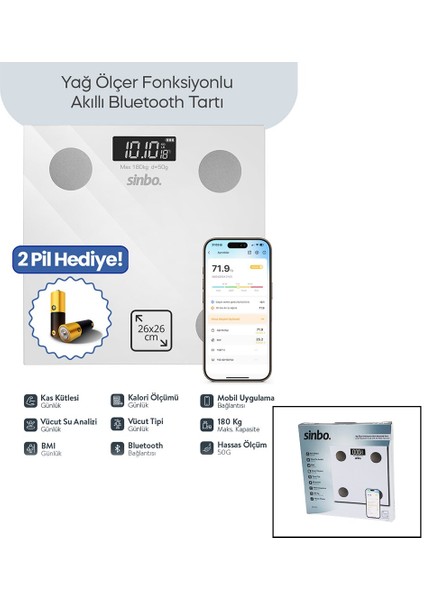 Beyaz Yağ Ölçer Akıllı Bluetooth Cam Baskül Pilli 180KG/50GR 26X26CM 8-Kişi Hafıza LCD Ekran ℃ Gösterge SBS-4472 (5067)