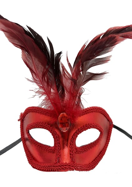 Kırmızı Renk Rugan Kaplama Kırmızı Tüylü Parti Maskesi 18X20 cm fiyatları