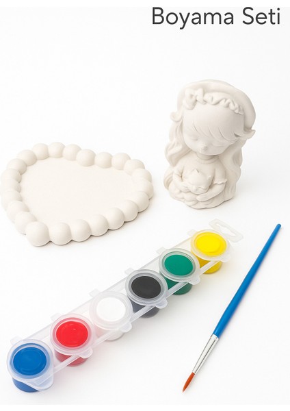 Boyama Seti – Kalpli Çerçeve & Kız Figürlü Alçı Obje | 6 Renk Akrilik Boya + Fırça Hediyeli