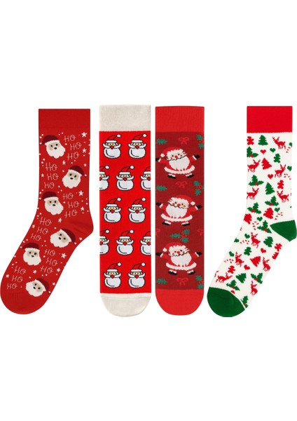 Yılbaşı 4’lü Çorap Seti Noel Baba ve Kar Tanesi Desenli Hediye Kutulu
