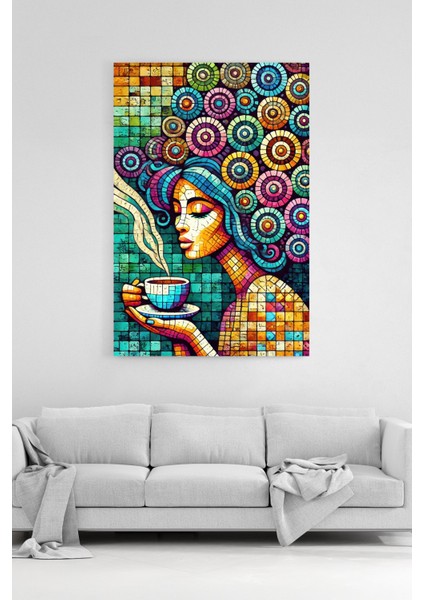 Kahve Içen Mozaik Kadın Sanatı Kanvas Tablo %100 Pamuk Dokulu Trendy Renkli Soyut