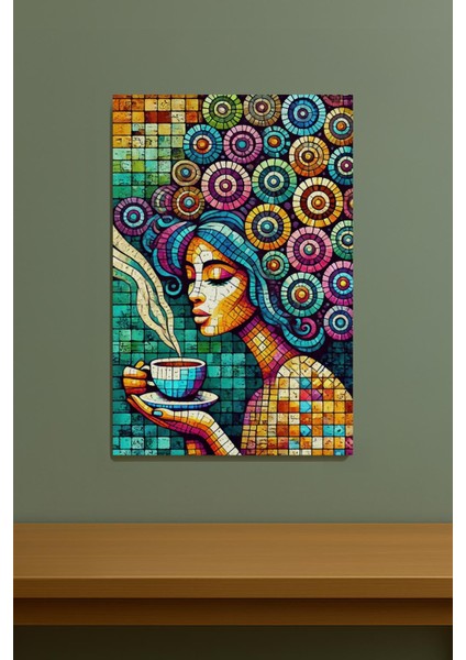 Kahve Içen Mozaik Kadın Sanatı Kanvas Tablo %100 Pamuk Dokulu Trendy Renkli Soyut modelleri