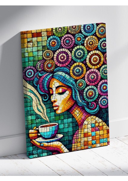 Kahve Içen Mozaik Kadın Sanatı Kanvas Tablo %100 Pamuk Dokulu Trendy Renkli Soyut fırsatları