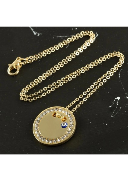 Ieg Yuvarlak Isim Yazılabilir Taşlı Boş Plaka Kolye