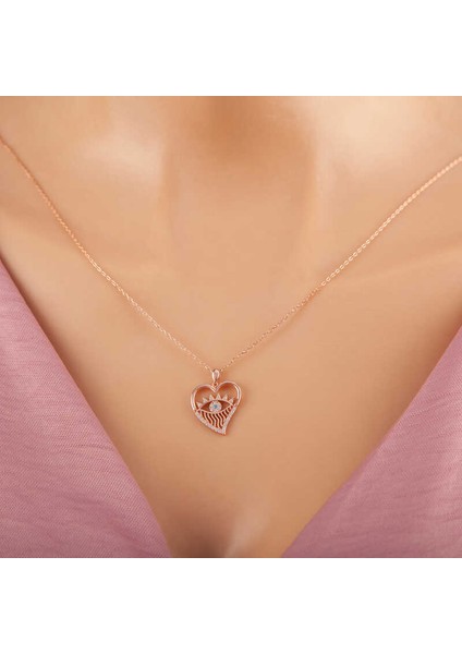 925 Ayar Gümüş Rose Kalp Göz Kadın Kolye T7353 (972972)