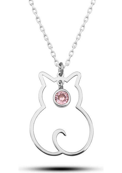 925 Ayar Gümüş Ekim Ayı Doğum Taşı Kedi Kadın Kolye T8383 (972972)
