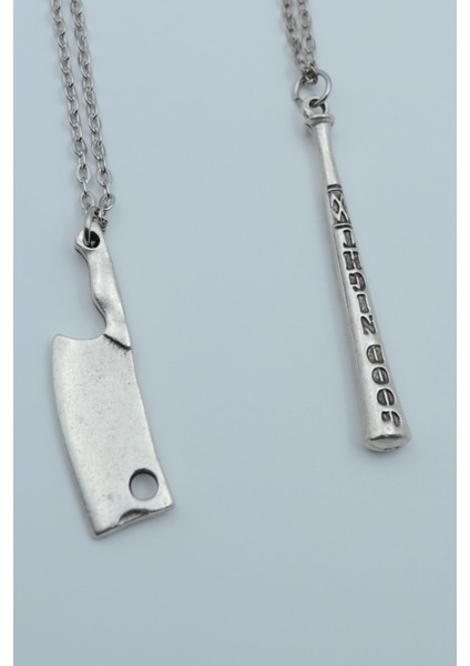 2'li Beyzbol Sopası Satır Gümüş Kaplama Kolye Seti