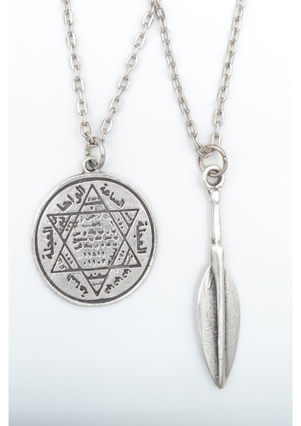 2'li Hz. Süleyman Mührü ve Mızrak Gümüş Kaplama Kolye Seti