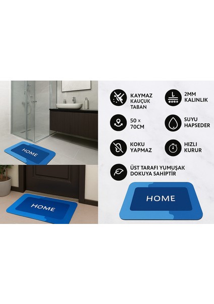 Kaymaz Tabanlı Süper Emici Paspas 50X70 cm Mavi