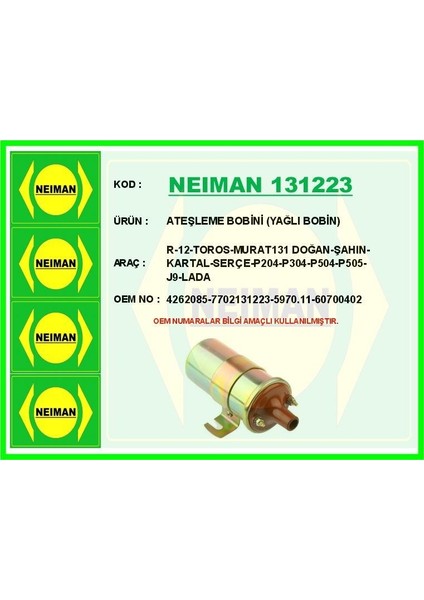 Ateşleme Bobini (Yağlı Bobin) R-12-TOROS-MURAT131 DOĞAN-ŞAHIN-KARTAL-SERÇE-P204-P304-P504-P505-J9