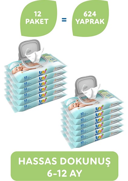 Hassas Dokunuş Bebek Islak Mendil 6-12 Ay 12X52 Adet (3 Adet) fiyatları