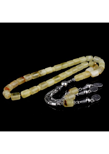 Kapsül Kesim Damla Kehribar Tesbih 925 Ayar Gümüş Kral Püsküllü