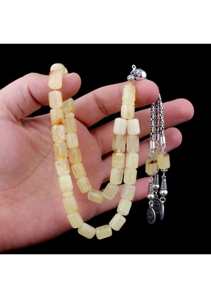 Kapsül Kesim Damla Kehribar Tesbih 925 Ayar Gümüş Kral Püsküllü modelleri