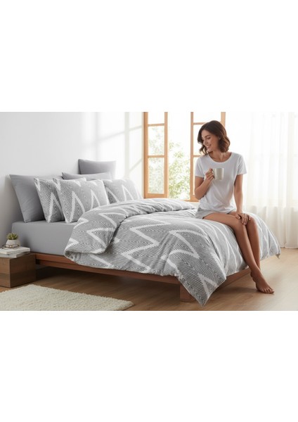 Kolay Ütülenir Baskılı Olivia Gri Nevresim Takımı Çift Kişilik
