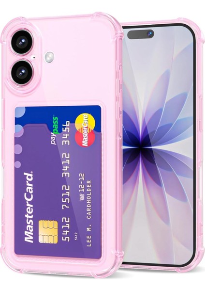 Apple iPhone 17 Kılıf Kartlıklı Anti Şok Korumalı Şeffaf Silikon Pembe