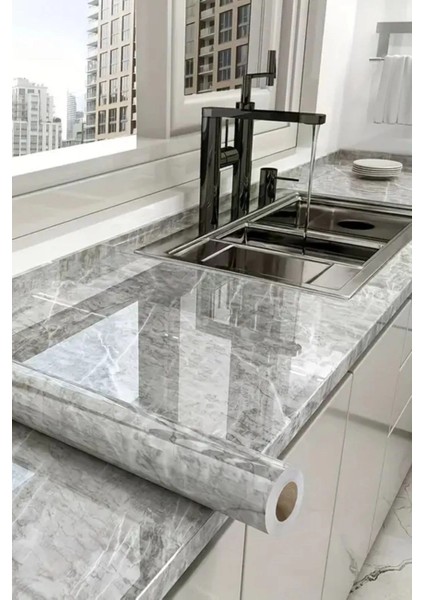 Mermer Desenli Sticker Folyo Atina Grisi 60CM*5MT T04