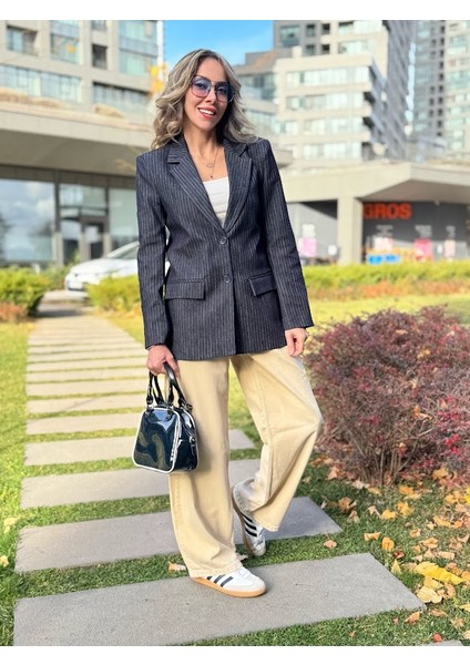 Çizgili Denim Blazer Ceket