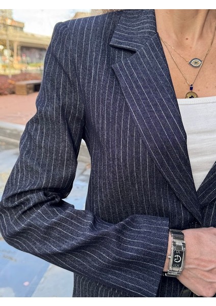 Çizgili Denim Blazer Ceket modelleri