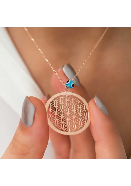 925 Ayar Gümüş Rose Nazar Gözlü Yaşam Çiçeği Kolye T4486 (972972)