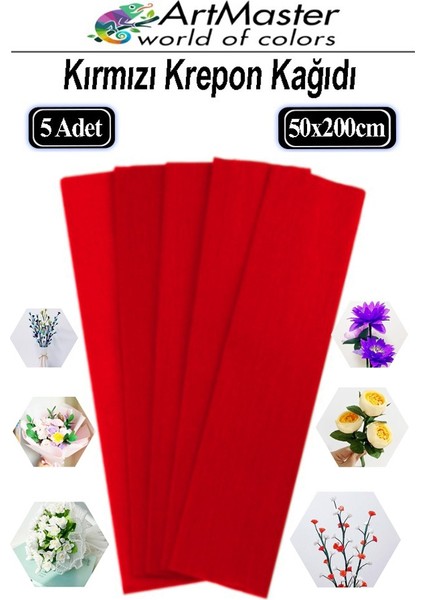 Krapon Kağıdı Kırmızı Renk 5 Adet 50X200 cm Grapon Kağıdı 5'li Okul Proje Sınıf Anaokulu Kreş Süsleme