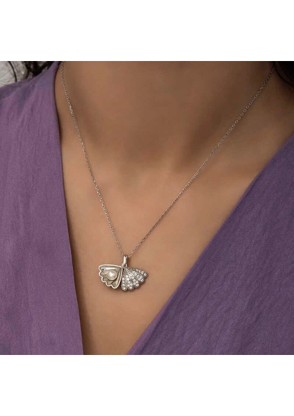 925 Ayar Gümüş Incili Istiridye Bayan Gümüş Kolye T6099 (972972)