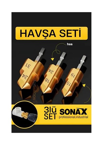 Hsnet Plastik Boru Kalemtraş Kademeli Boru Açma Pvc Pprc Boru Tamir Delme Genişletme Onarımı Için 3lü Havşa Seti