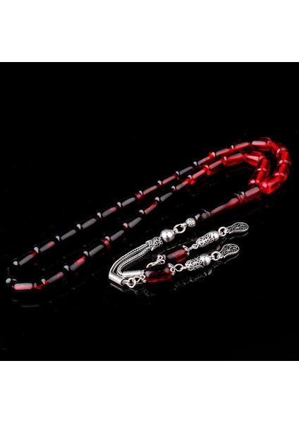 Süzme Renk Kapsül Kesim 925 Ayar Gümüş Püsküllü Ateş Kehribar Tesbih