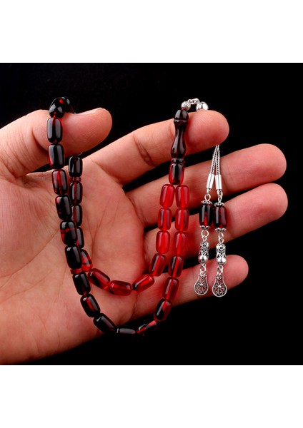 Süzme Renk Kapsül Kesim 925 Ayar Gümüş Püsküllü Ateş Kehribar Tesbih fiyatları