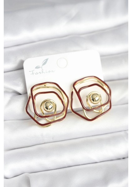 Bfs Pirinç Gold Renk Bordo Mineli Geometrik Gül Model Kadın Küpe