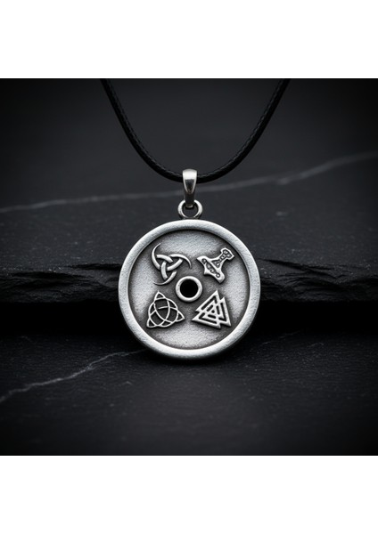 Vegvisir Pusula - Viking Sembol Gümüş Kaplama Deri İp Kolye