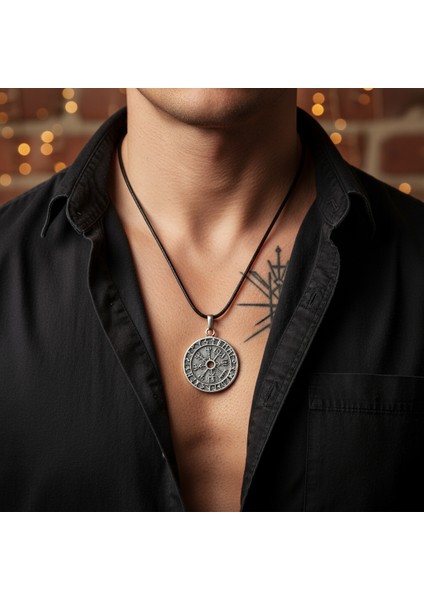 Vegvisir Pusula - Viking Sembol Gümüş Kaplama Deri İp Kolye fırsatları