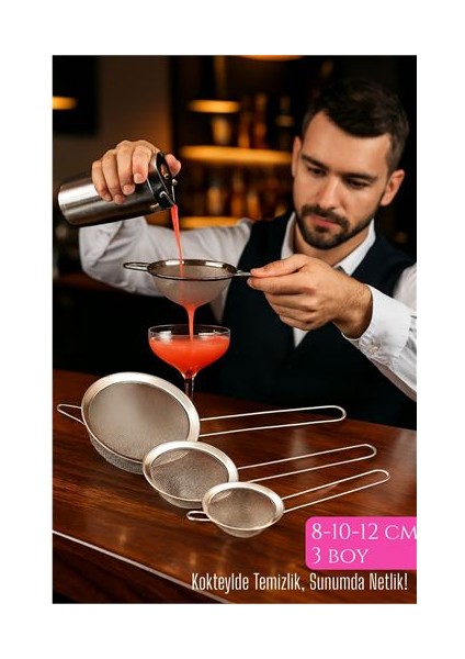 3’lü Bar Süzgeci Seti – 8-10-12 cm Çaplı Paslanmaz Çelik | Kokteyl ve Mutfak Için