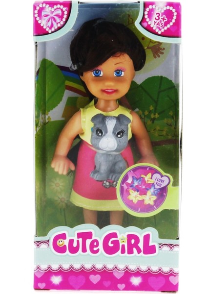 Cute Girl Gri Köpekli ve Kumral Mini Bebek